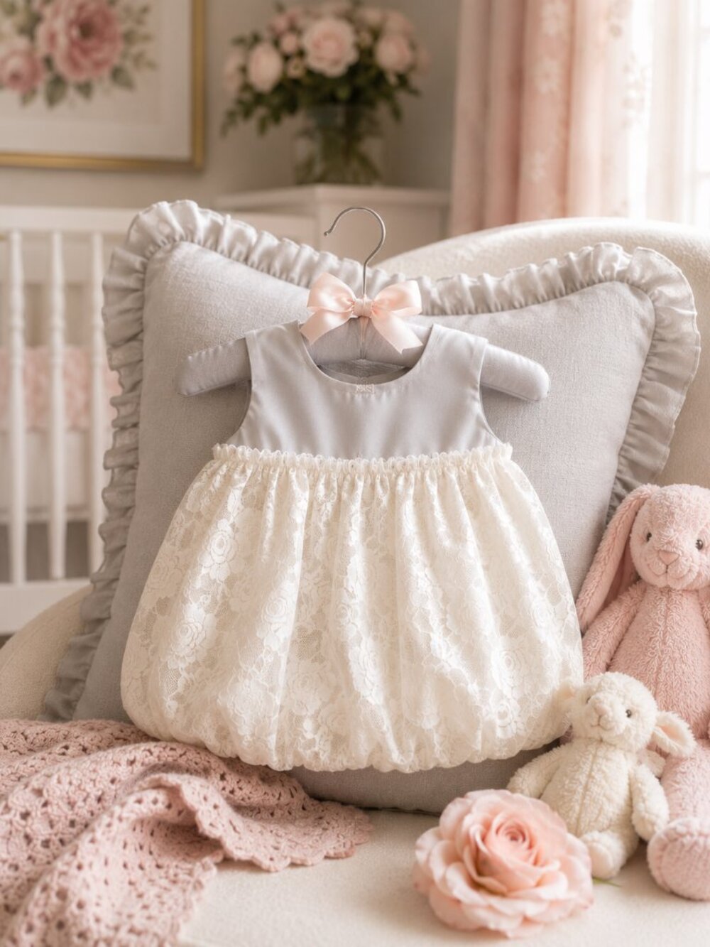 Lace Infant Bubble Dress in Light Ivory with Light Grey Satin Trim 9-12M